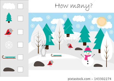 How many counting game with winter picture for kids, educational maths task for the development of logical thinking, preschool worksheet activity, count and write the result, vector illustration How many counting game with winter picture for kids, educational maths task for the development of logical thinking, preschool worksheet activity, count and write the result, vector illustration 143302274