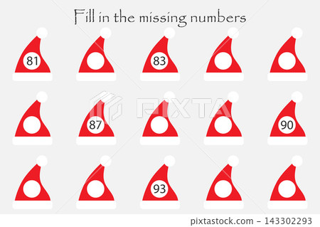 Game with christmas hats for children, fill in the missing numbers, middle level, education game for kids, school worksheet activity, task for the development of logical thinking, vector illustration Game with christmas hats for children, fill in the missing numbers, middle level, education game for kids, school worksheet activity, task for the development of logical thinking, vector illustration 143302293