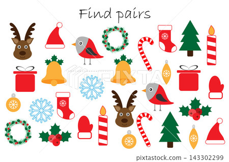 Find pairs of identical pictures, fun education game with christmas theme for children, preschool worksheet activity for kids, task for the development of logical thinking, vector illustration Find pairs of identical pictures, fun education game with christmas theme for children, preschool worksheet activity for kids, task for the development of logical thinking, vector illustration 143302299