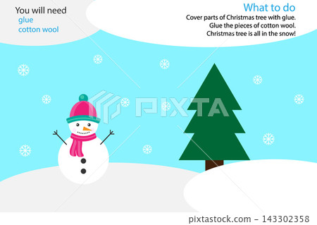 Xmas winter craft activity, snow and tree, education game for development of preschool children, use glue and cotton wool to create the applique, art worksheet for kids, vector illustration Xmas winter craft activity, snow and tree, education game for development of preschool children, use glue and cotton wool to create the applique, art worksheet for kids, vector illustration 143302358