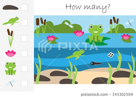 How many counting game, pond with frog for kids, educational maths task for the development of logical thinking, preschool worksheet activity, count and write the result, vector illustration How many counting game, pond with frog for kids, educational maths task for the development of logical thinking, preschool worksheet activity, count and write the result, vector illustration 143302509