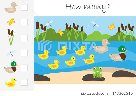 How many counting game, pond with ducks for kids, educational maths task for the development of logical thinking, preschool worksheet activity, count and write the result, vector illustration How many counting game, pond with ducks for kids, educational maths task for the development of logical thinking, preschool worksheet activity, count and write the result, vector illustration 143302510