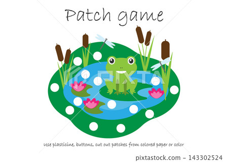 Education Patch game pond for children to develop motor skills, use plasticine patches, buttons, colored paper or color the page, kids preschool activity, printable worksheet, vector illustration Education Patch game pond for children to develop motor skills, use plasticine patches, buttons, colored paper or color the page, kids preschool activity, printable worksheet, vector illustration 143302524