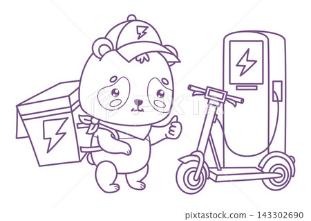 Outline Kawaii Panda Courier Near Electric Scooter Charging Station with Thermal Backpack. Delivery Bear Giving Thumbs Up. Vector Illustration. Eco Express Shipping Service. Line Art, coloring page. Outline Kawaii Panda Courier Near Electric Scooter Charging Station with Thermal Backpack. Delivery Bear Giving Thumbs Up. Vector Illustration. Eco Express Shipping Service. Line Art, coloring page. 143302690