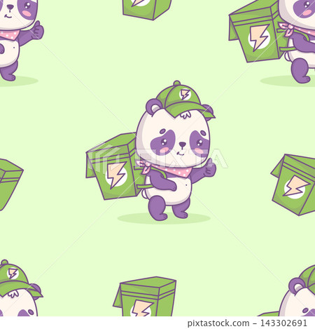 Cute Kawaii Panda Courier Character Seamless Pattern On Green Background. Funny Express Delivery Bear Mascot. Vector Illustration For Packaging, Textile Print And Ecommerce Surface Wrapping Paper. 143302691