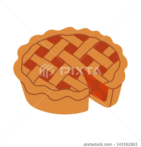 A flat vector illustration of a whole baked pie with a lattice crust and missing slice, showing rich red fruit filling. Ideal for Thanksgiving graphics, bakery menus, and cozy autumn recipes 143302801