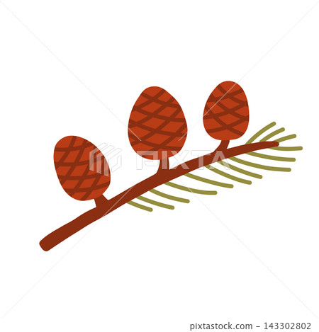 A flat vector illustration of a evergreen branch featuring three reddish-brown patterned pine cones and green needles. Excellent for Christmas banners, winter holiday borders, and autumn nature art A flat vector illustration of a evergreen branch featuring three reddish-brown patterned pine cones and green needles. Excellent for Christmas banners, winter holiday borders, and autumn nature art 143302802