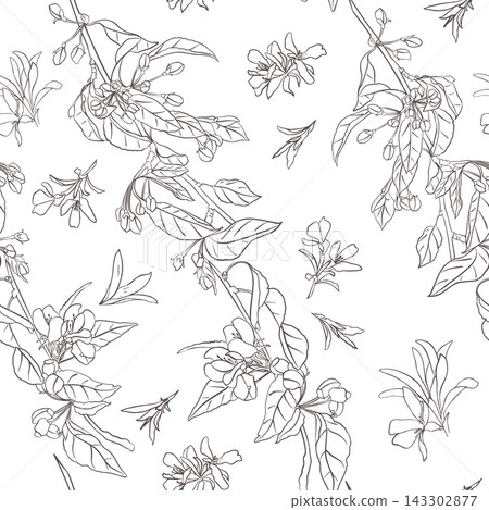 Apricot branches with blossoms, leaves and buds outline vector seamless pattern. Botanical line art of first flowering fruit twigs repeat background. Spring orchard monochrome surface textile design. 143302877