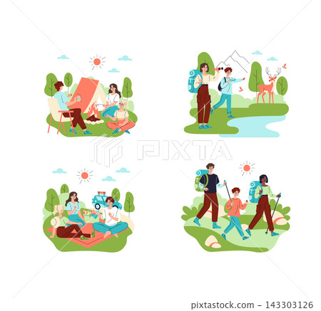 Camping hiking picnic and wildlife watching scenes with groups relaxing by a campfire walking with backpacks and enjoying nature outdoors, vector illustration Camping hiking picnic and wildlife watching scenes with groups relaxing by a campfire walking with backpacks and enjoying nature outdoors, vector illustration 143303126