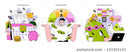 Personal finance vector illustration set with tax payment document, credit score gauge and business finance planning on laptop, showing budgeting, savings, debt review and money management Personal finance vector illustration set with tax payment document, credit score gauge and business finance planning on laptop, showing budgeting, savings, debt review and money management 143303141