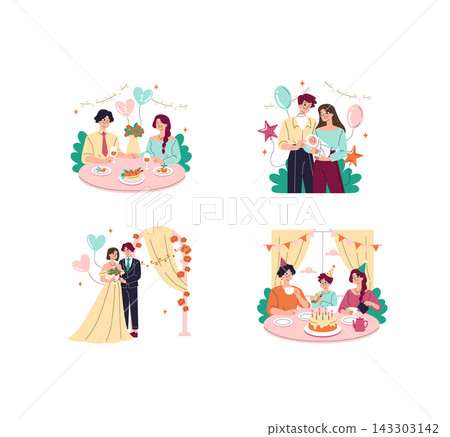Family and couple celebrating milestones with dinner, baby event, wedding and birthday party scenes, balloons, cake and flowers in flat vector illustration isolated on white Family and couple celebrating milestones with dinner, baby event, wedding and birthday party scenes, balloons, cake and flowers in flat vector illustration isolated on white 143303142