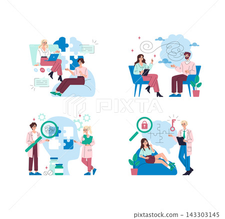 Mental health vector illustration set showing counseling session, online therapy, diagnosis, and treatment support with therapists and patients discussing emotions, stress, and recovery Mental health vector illustration set showing counseling session, online therapy, diagnosis, and treatment support with therapists and patients discussing emotions, stress, and recovery 143303145