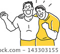 Two men put their arms around each other's shoulders and strike a victory pose. 143303155