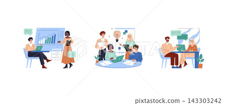 Business team analyzes charts, shares ideas, and talks at a desk during meetings and planning sessions in office scenes, teamwork and communication concept, vector illustration Business team analyzes charts, shares ideas, and talks at a desk during meetings and planning sessions in office scenes, teamwork and communication concept, vector illustration 143303242