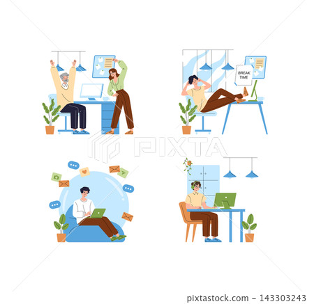 Office workers stretch at desks, take a break, chat online, and work on computers in a modern workspace set Vector illustration about routine, rest, and productivity 143303243