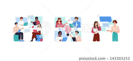 Team members communicate in online calls and office conversation, sharing ideas, taking notes, and working on laptops around a central concept icon in vector illustration Team members communicate in online calls and office conversation, sharing ideas, taking notes, and working on laptops around a central concept icon in vector illustration 143303253