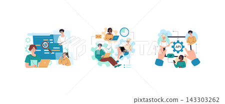 Software developers work on coding, API integration, and project management with laptops and mobile devices, connected by gears, code symbols, messages, and clock icons in vector illustration 143303262