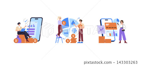 Mobile finance vector illustration set with people using smartphone apps for payments investments budgeting and digital banking with charts coins cards and positive focused emotions 143303263