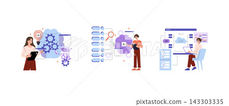 AI engineers manage automation, data analysis, and cloud coding workflow with laptop, tablet, robot, server, and interface elements in a clean vector illustration set AI engineers manage automation, data analysis, and cloud coding workflow with laptop, tablet, robot, server, and interface elements in a clean vector illustration set 143303335