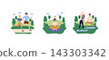 People exercise outdoors in park scenes with running, seated yoga meditation and partner lunges on mats, showing active healthy lifestyle, fitness routine and vector illustration 143303342