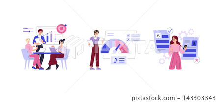 Business workflow vector illustration set with team analyzing charts at meeting, specialist tracking performance metrics, and user testing interface options on mobile screens 143303343