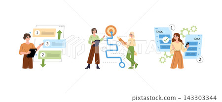 Project management vector illustration set with people organizing task lists, tracking workflow steps, marking completed items, and planning goals with checklists and charts 143303344