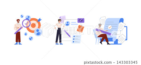 Vector illustration depicting job application process with figures analyzing resumes, setting goals, and emphasizing target achievement. Ideal for career and recruitment themes. 143303345