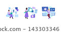 Women work with cloud storage, file search, coding folders and AI analytics dashboards in a technology workflow set, using laptop, magnifier and reports, vector illustration 143303346
