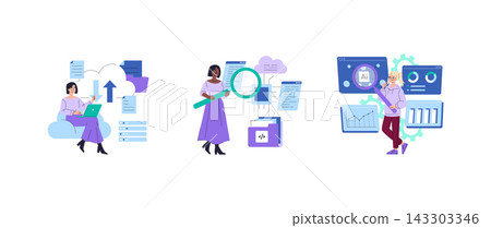 Women work with cloud storage, file search, coding folders and AI analytics dashboards in a technology workflow set, using laptop, magnifier and reports, vector illustration 143303346