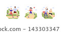 Joggers running and stretching on park paths in sunny weather, with active poses, sportswear, and cheerful expressions during outdoor fitness training and warmup vector illustration 143303347