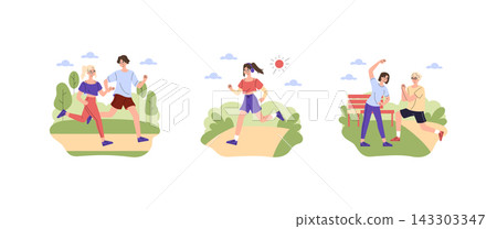 Joggers running and stretching on park paths in sunny weather, with active poses, sportswear, and cheerful expressions during outdoor fitness training and warmup vector illustration Joggers running and stretching on park paths in sunny weather, with active poses, sportswear, and cheerful expressions during outdoor fitness training and warmup vector illustration 143303347