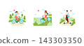 Vector illustration set of people riding bicycles and scooter on park paths during sunny weather, showing casual travel, leisure activity, movement, and relaxed outdoor recreation 143303350