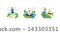 People practice outdoor wellness activities in a park, including jogging, meditation by a pond, and partner stretching near a bench under sunny sky, vector illustration 143303351