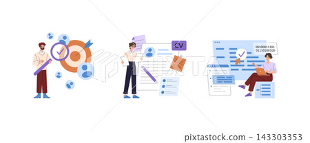 Recruitment screening and CV review workflow vector illustration set with candidate evaluation, resume checking, online application processing, and approval marks for hiring tasks Recruitment screening and CV review workflow vector illustration set with candidate evaluation, resume checking, online application processing, and approval marks for hiring tasks 143303353