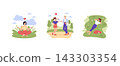 Women spend time outdoors meditating, walking together and listening to music while resting on grass with a dog, expressing calm, balance, friendship and leisure, vector illustration 143303354