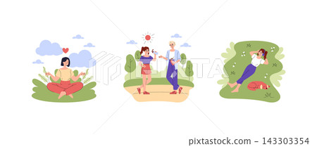 Women spend time outdoors meditating, walking together and listening to music while resting on grass with a dog, expressing calm, balance, friendship and leisure, vector illustration Women spend time outdoors meditating, walking together and listening to music while resting on grass with a dog, expressing calm, balance, friendship and leisure, vector illustration 143303354