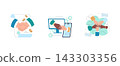 Business handshake scenes with money, computer and smartphone screens, and stacked hands for teamwork and partnership concepts, vector illustration for finance, support, and deal themes 143303356