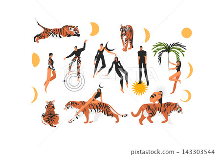 Circus Acrobats and Tigers Vector Set, Performing Artists with Wild Animals, Female and Male Circus Performers Hand Drawn Illustration Collection 143303544