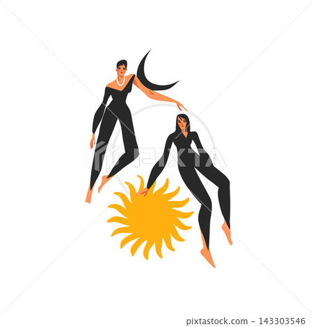 Female Circus Acrobats with Sun and Moon, Two Women Performing Acrobatics, Elegant Circus Performers Hand Drawn Vector Illustration Female Circus Acrobats with Sun and Moon, Two Women Performing Acrobatics, Elegant Circus Performers Hand Drawn Vector Illustration 143303546