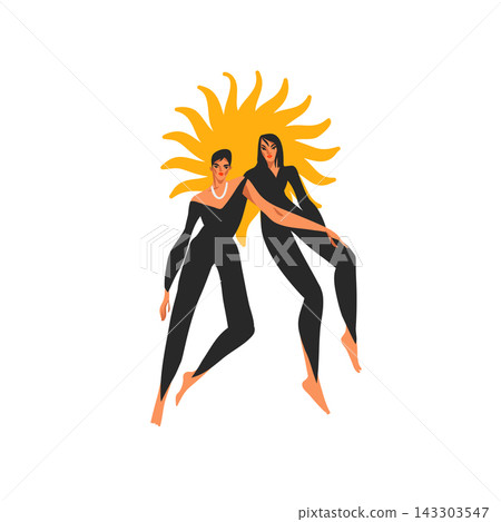 Two Female Circus Acrobats with Sun, Women Performers in Black Costumes, Modern Circus Performance Vector Illustration Two Female Circus Acrobats with Sun, Women Performers in Black Costumes, Modern Circus Performance Vector Illustration 143303547