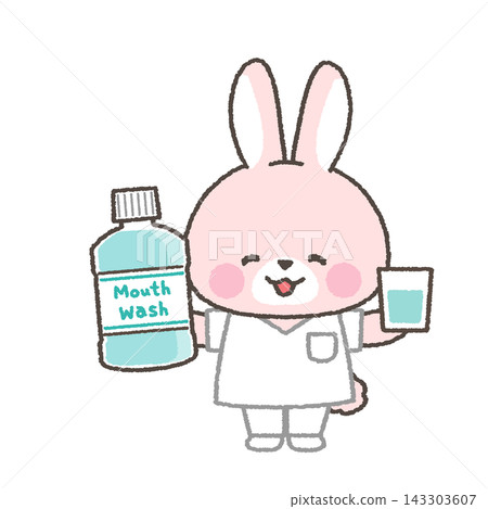 A pink rabbit medical staff member holding mouthwash A pink rabbit medical staff member holding mouthwash 143303607