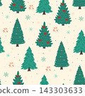Seamless Christmas pattern with cute decorated pine trees, snowflakes  on light background. New Year holiday vector illustration 143303633