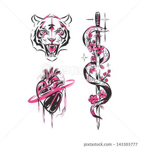 Japanese Tattoo Flash Set with Tiger, Anatomical Heart, Snake and Katana, Pink Black Mystical Japanese Style Vector Illustrations 143303777