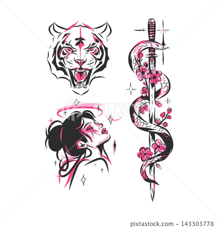 Japanese Tattoo Flash Set with Tiger, Snake and Katana, Mystical Celestial Woman, Pink and Black Japanese Style Vector Illustrations Japanese Tattoo Flash Set with Tiger, Snake and Katana, Mystical Celestial Woman, Pink and Black Japanese Style Vector Illustrations 143303778