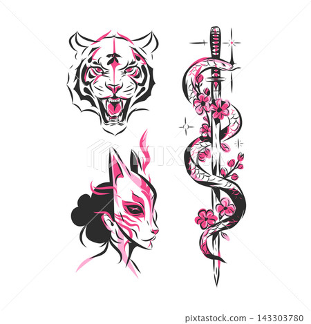 Japanese Tattoo Flash Set with Tiger, Kitsune Woman Mask, Snake and Katana, Pink Black Japanese Mythology Vector Illustrations 143303780