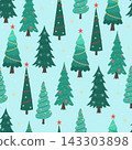Seamless Christmas pattern with cute hand-drawn vector pine trees, snowflakes and stars on mint green background 143303898