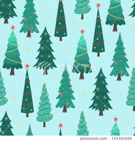 Seamless Christmas pattern with cute hand-drawn vector pine trees, snowflakes and stars on mint green background Seamless Christmas pattern with cute hand-drawn vector pine trees, snowflakes and stars on mint green background 143303898