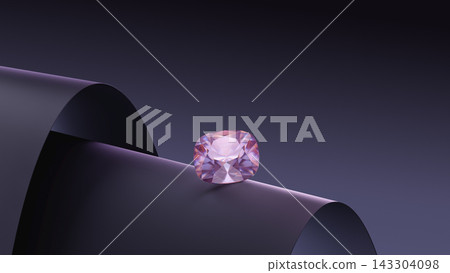 Cushion cut pink gemstone resting on curved matte surface, side top perspective, 3d render. 143304098