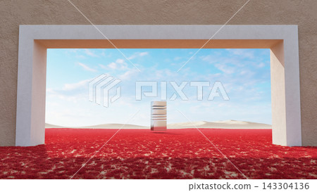 Metallic block tower visible through wall opening above crimson meadow and desert dunes Metallic block tower visible through wall opening above crimson meadow and desert dunes 143304136