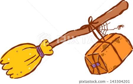 Spooky Mail Halloween Delivery, Witch Broom with Box Hand Drawn Illustration Spooky Mail Halloween Delivery, Witch Broom with Box Hand Drawn Illustration 143304201